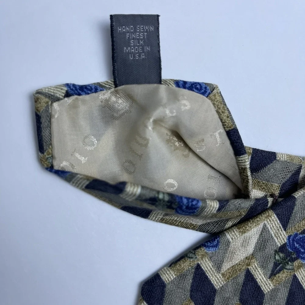Robert Talbott‎ Nordstrom Men's Silk Necktie Designer Geometric Gold Blue Roses